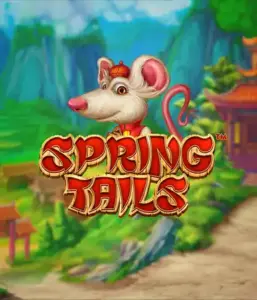 A whimsical illustration of a mouse wearing a red traditional Chinese outfit standing in a vibrant mountain backdrop. The image promotes the Spring Tails Slot by Betsoft, highlighted with bold red and gold logo text.